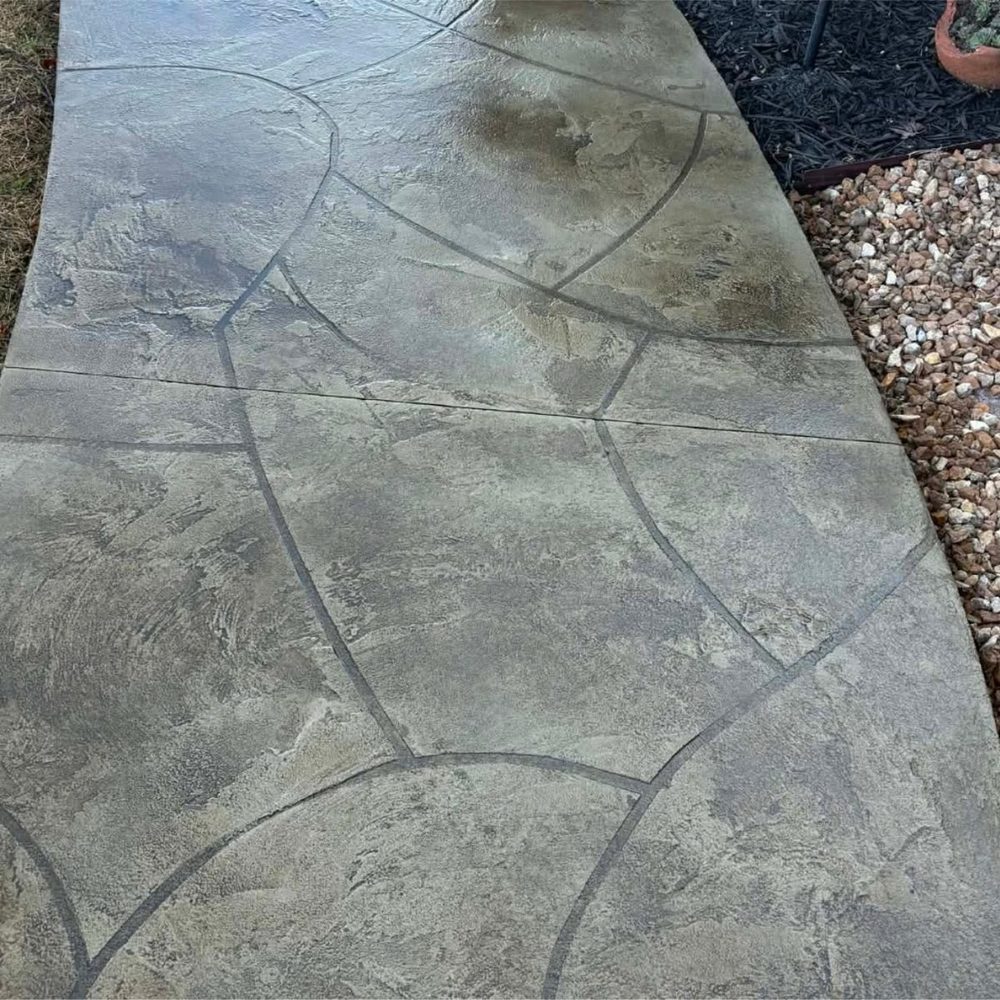 Close-up stamped concrete flagstone pattern exterior Kansas City MO